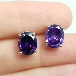 Vintage Oval Purple Rhinestone Stud Earrings, Silver Tone Setting, Estate